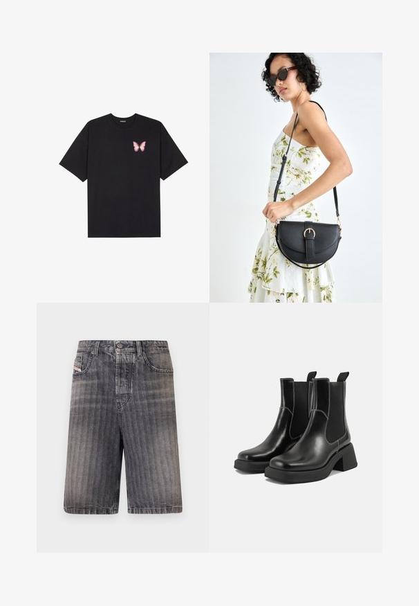 T-shirt en coton noir à manches courtes, avec un petit graphique de papillon rose sur la poitrine gauche. Modèle à col rond avec une coupe décontractée.; Shorts en denim gris à coupe droite, avec une fermeture à bouton, des poches avant et une texture légèrement décolorée.; Bottes Chelsea en cuir noir avec un talon épais, des panneaux latéraux élastiques et des coutures blanches contrastantes. Fini texturé.; Sac à main en cuir noir avec une forme courbée, bandoulière amovible et des accessoires en or. Le sac est doté d'un rabat avec un détail de boucle.