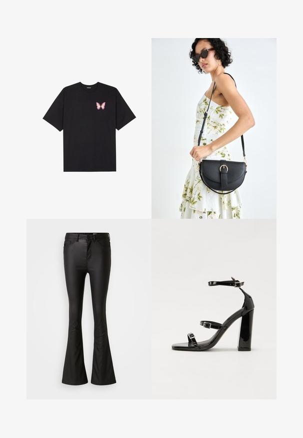 Juodas medvilnės marškinėliai trumpomis rankovėmis, su maža rožine drugelio grafika kairėje krūtinės pusėje. Apvalus kaklo iškirpimas, laisvas kirpimas.; Juodos plačios džinsinės kelnes, pagamintas iš blizgios, lygaus audinio. Turi aukštą liemenį, priekinės kišenės ir užtrauktuką su mygtuko uždarymu.; Juodos patentuotos aukštakulnės basutės su dviem sagtelėmis, kvadratine nosimi ir stambiu blokiniu kulnu, pasižyminčios lygiu, blizgiu paviršiumi.; Juodas odinis krepšys su išlenkta forma, nuimamu dirželiu ir auksiniais detalėmis. Krepšys turi kilpą su sagtimi.