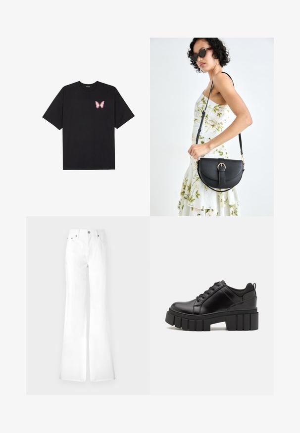 Svart bomulls T-skjorte med korte ermer, med en liten rosa sommerfugl grafikk på venstre bryst. Crew-neck design med en avslappet passform.; Hvit denim bukser med høy midje, fem lommer og metallknapplukking. Glatt tekstur, ren design; rette ben som smalner inn ved kanten.; Svarte lærplattformsko med kraftig blokkhell, rund tå og tradisjonell snøring. Har en jevn tekstur og minimal detaljering.; Svart lærveske med en buet form, avtagbar stropp og gullbeslag. Vesken har et klaff med spenne-detall.
