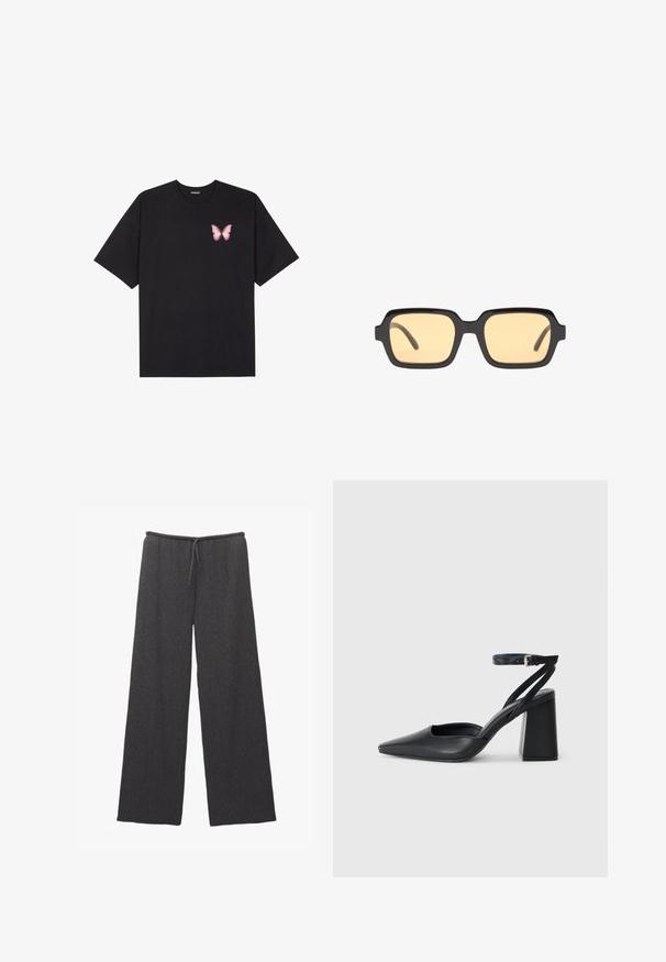 T-shirt nera in cotone con maniche corte, caratterizzata da una piccola grafica di una farfalla rosa sul lato sinistro del petto. Design a girocollo con una vestibilità rilassata.; Pantaloni a gamba larga in grigio scuro, con un tessuto testurizzato e una vita elastica con cordoncino. Design semplice e minimalista.; Pump in pelle nera con punta affusolata, cinturino alla caviglia e tacco spesso. Texture piatta, design elegante ed estetica minimalista.; Occhiali da sole neri a forma rettangolare con lenti gialle, montatura leggera e angoli distintivi sui templi. Finitura liscia e lucida.