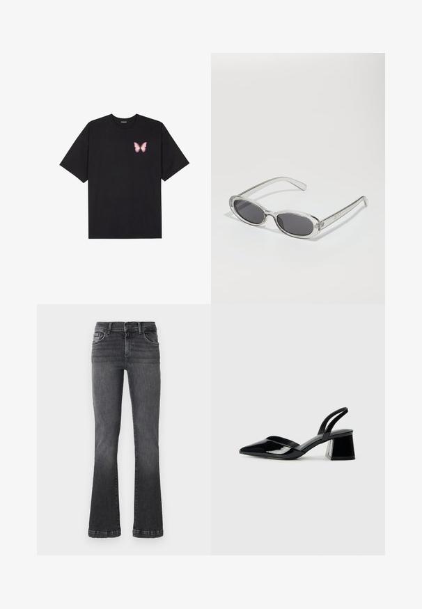 Tricou negru din bumbac cu mâneci scurte, având pe partea stângă a pieptului un mic grafic cu un fluture roz. Design cu guler rotund și croială lejeră.; Jeans negri evazati din denim de greutate medie. Design cu cinci buzunare, cu o spălare ușor decolorată și cusături contrastante de-a lungul cusăturilor.; Pantofi cu toc slingback din piele lacuită neagră, cu vârf ascuțit și toc geometric. Prezintă un design elegant, minimalist și o textură netedă.; Ochelari de soare cu formă ovală, ramă din plastic transparent, lentile gri închis și brațe subțiri transparente cu accente de logo și detalii minime.; Geantă din piele neagră, cu o formă curbată, curea detașabilă și accesorii aurii. Geanta are un capac cu un detaliu tip cataramă.