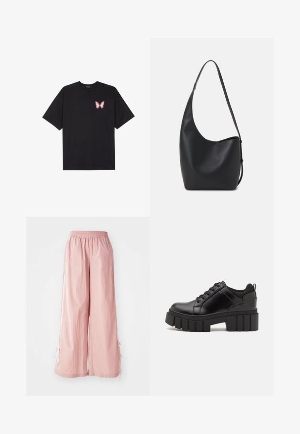 Black cotton t-shirt with short sleeves, featuring a small pink butterfly graphic on the left chest. Crew neck design with a relaxed fit.; Light pink, wide-leg pants with an elastic waistband and side ties. Made from lightweight material with subtle texture and branding detail.; Black leather platform shoes with a chunky block heel, round toe, and traditional lace-up design. Features smooth texture and minimal detailing.; Black leather hobo bag with a smooth texture, curved shape, and single adjustable strap; features a wide opening at the top.