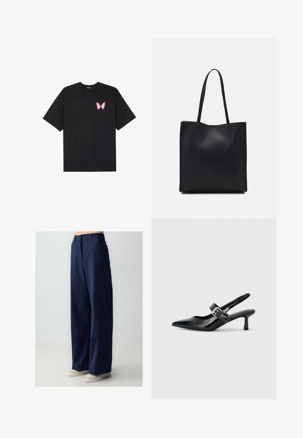Zwarte katoenen t-shirt met korte mouwen, voorzien van een kleine roze vlinder graphic op de linkerkant van de borst. Crew neck ontwerp met een relaxte fit.; Marineblauwe wijde broek van lichtgewicht stof. Voorzien van zijzakken en een gladde textuur, gecombineerd met lichtgekleurde schoenen.; Zwarte gepatineerde leren slingback hakken met een puntige neus en een kleine blokhak, met een zilveren gespaccent op de band.; Zwarte leren handtas met een gladde textuur, rechthoekige vorm en twee lange handvaten. Geen zichtbare hardware of versieringen.