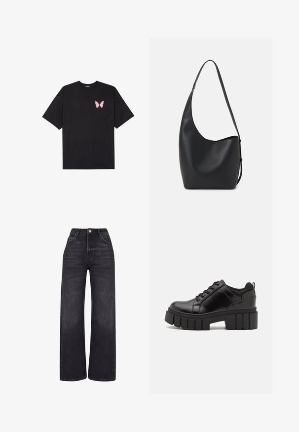 Black cotton t-shirt with short sleeves, featuring a small pink butterfly graphic on the left chest. Crew neck design with a relaxed fit.; 2Y Studios NAYA BASIC LIGHT - Wide Leg - washed black; Black leather platform shoes with a chunky block heel, round toe, and traditional lace-up design. Features smooth texture and minimal detailing.; Black leather hobo bag with a smooth texture, curved shape, and single adjustable strap; features a wide opening at the top.