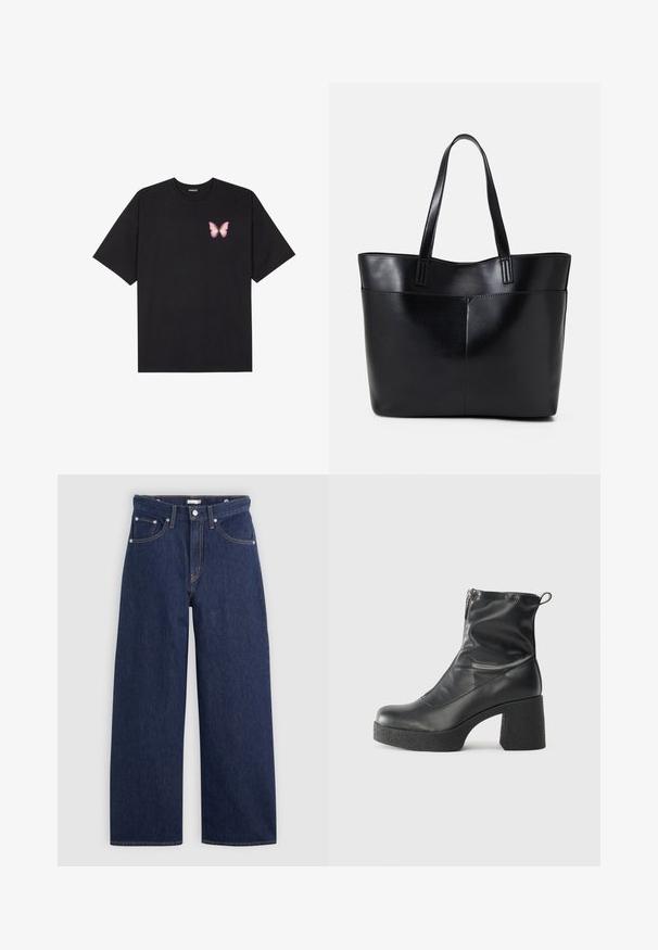 Black cotton t-shirt with short sleeves, featuring a small pink butterfly graphic on the left chest. Crew neck design with a relaxed fit.; Dark blue denim wide-leg jeans with a high waist, featuring five pockets, belt loops, and copper stitching details. Smooth texture.; Black ankle boots made of smooth leather, featuring a side zipper, chunky textured heel, and rounded toe design.; Black leather tote bag with two long handles, a smooth texture, and a structured shape. Features a front pocket for additional storage.