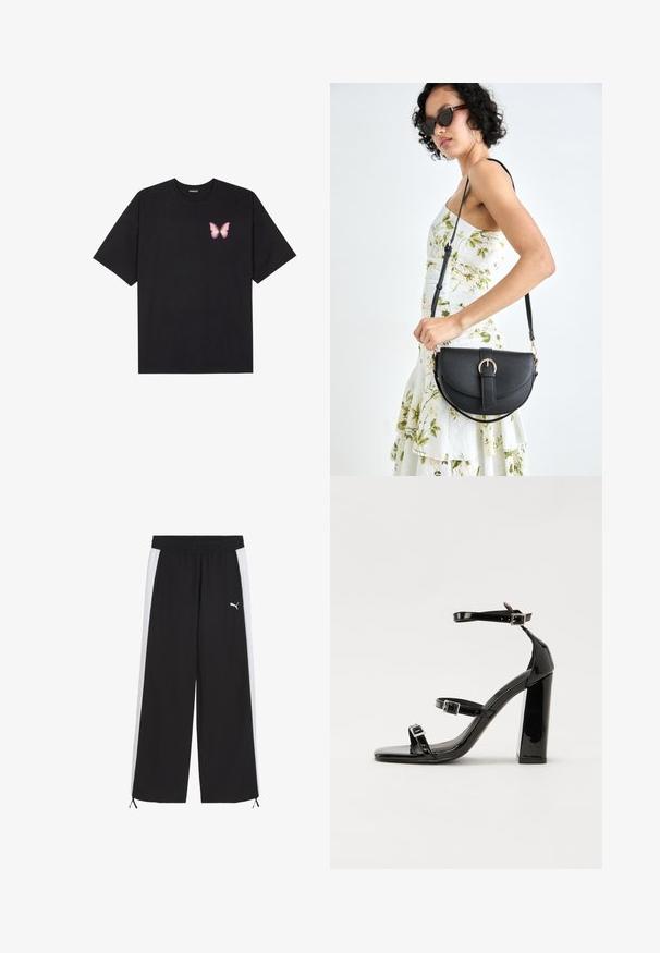 Sort bomulds T-shirt med korte ærmer, prydet med en lille pink sommerfugl grafik på venstre bryst. Rund hals design med en afslappet pasform.; Nejagtige sorte træningsbukser med hvide sidestipes, elastisk talje og snoretræk ved kanten. Har et lille hvidt logo.; Sorte laklædersandaler med høje hæle, to spænderemme, firkantet tå og en kraftig blokhæl, der har en glat, blank overflade.; Sort læderhåndtaske med en buet form, aftagelig rem og guldfinish. Tasken har en klap med en spænde detalje.