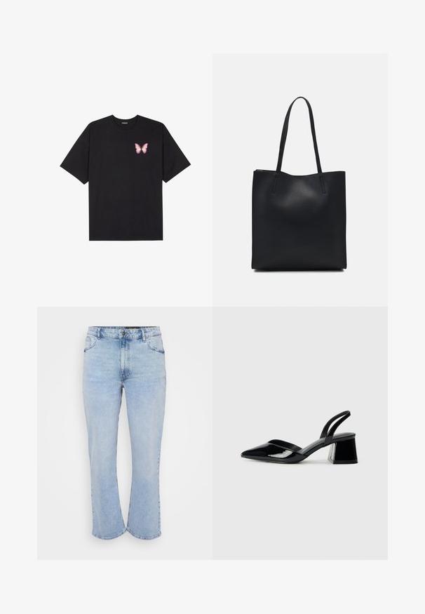 Μαύρο βαμβακερό μπλουζάκι με κοντά μανίκια, διαθέτοντας ένα μικρό ροζ γραφικό πεταλούδας στο αριστερό στήθος. Σχέδιο με στρογγυλή λαιμόκοψη και άνετη εφαρμογή.; Ανοιχτό μπλε τζιν παντελόνι με ίσια γραμμή, πέντε τσέπες και κουμπί στο λάστιχο. Ολοκληρωμένο με ακατέργαστο στρίφωμα.; Μαύρα πατεντέ δερμάτινα γοβάκια slingback με μυτερή μύτη και γεωμετρικό τακούνι. Έχουν κομψό, μινιμαλιστικό σχέδιο και λεία υφή.; Μαύρη δερμάτινη τσάντα tote με λείο υφή, ορθογώνιο σχήμα και δύο μακριές λαβές. Χωρίς ορατό υλικό ή διακοσμητικά στοιχεία.