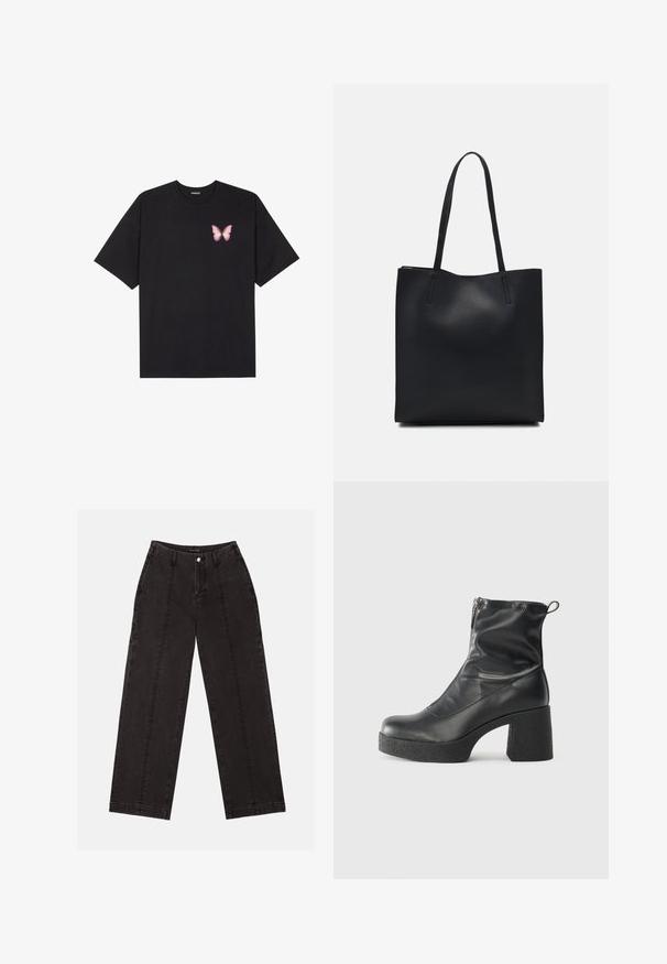 Black cotton t-shirt with short sleeves, featuring a small pink butterfly graphic on the left chest. Crew neck design with a relaxed fit.; Black wide-leg jeans made of denim, featuring a high waist, front button closure, and two vertical stitching lines on the front.; Black ankle boots made of smooth leather, featuring a side zipper, chunky textured heel, and rounded toe design.; Black leather tote bag with smooth texture, rectangular shape, and two long handles. No visible hardware or embellishments.