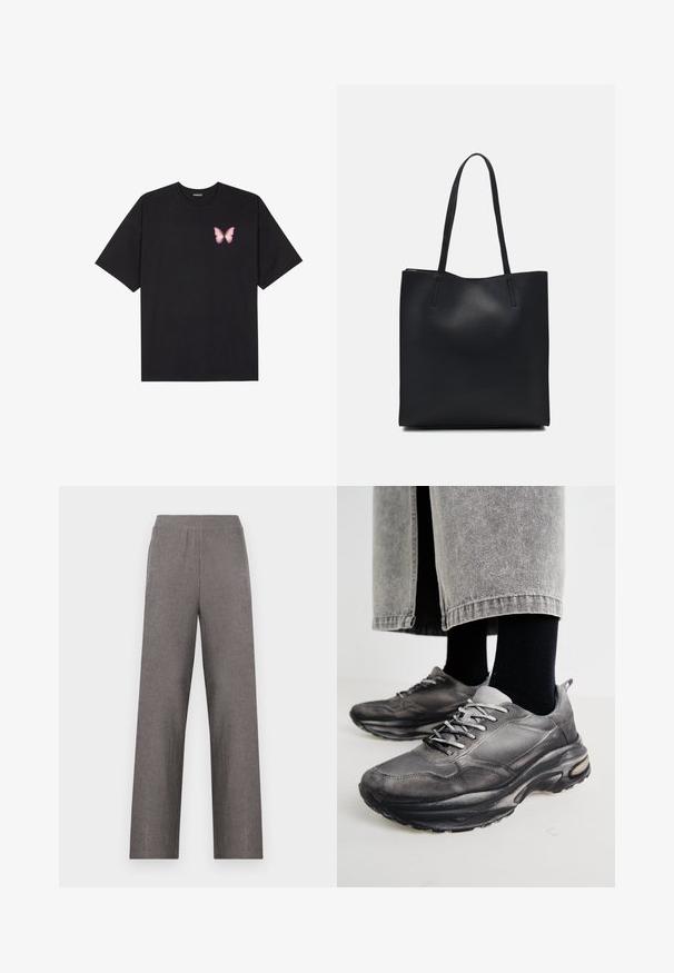 T-shirt de algodão preto com mangas curtas, apresentando um pequeno gráfico de borboleta rosa no lado esquerdo do peito. Design de gola redonda com um corte solto.; Calças largas cinzas com um tecido texturizado e cintura elástica. O design apresenta uma silhueta simples e reta, sem bolsos.; Sapatilhas atléticas pretas e cinzentas apresentam um upper em malha, solas espessas e atacadores. Têm um bico arredondado e detalhes de amortecimento visíveis.; Bolsa tote preta em couro com textura lisa, forma retangular e duas alças longas. Sem hardware ou enfeites visíveis.