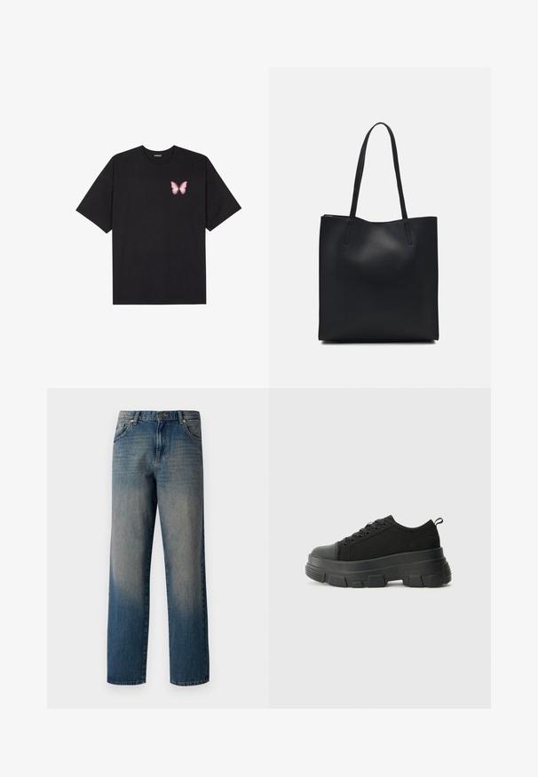 Crna pamučna majica s kratkim rukavima, s malim grafičkim prikazom ružičaste vjetricaste s desne strane na prsima. Dizajn s okruglim izrezom i opuštenim krojem.; Plave traperice ravnog kroja, s postepenim izbljeđivanjem od tamne do svijetle boje, pet džepova i dugmetom za zatvaranje u struku.; Crne tenisice s debelim gumenenim potplatom, teksturiranim gornjim dijelom od tkanine, okruglim vrhom i dizajnom s vezicama. Imaju pojačane rupice za vezice i dodatak za povlačenje straga.; Crna kožna torba za nošenje s glatkom teksturom, pravokutnim oblikom i dvije duge ručke. Nema vidljivih metalnih dijelova ili ukrasa.