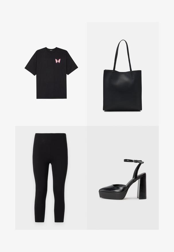 Črna bombažna majica s kratkimi rokavi, ki ima majhen roza metuljček na levi strani prsnega dela. Majica s krožnim ovratnikom in sproščenim krojem.; Črne legice iz elastične tkanine. Imajo brezšivni pas in prilegajoč dizajn do gležnjev z gladko teksturo.; Črne platforme z visokimi petami in koničastim nosom ter nastavljivim gležnjenjskim trakom. Narejene iz gladke usnje, s kockasto peto.; Črna usnjena torba s svilnato teksturo, pravokotne oblike in dvema dolgima ročajema. Brez vidnih metalnih delov ali okrasnih elementov.