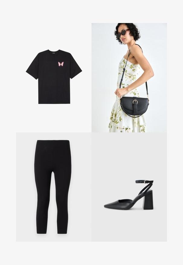 Zwarte katoenen t-shirt met korte mouwen, voorzien van een kleine roze vlinder graphic op de linkerkant van de borst. Crew neck ontwerp met een relaxte fit.; Zwarte leggings gemaakt van rekbaar materiaal. Voorzien van een naadloze tailleband en een aansluitend ontwerp tot enkel met een zachte textuur.; Zwarte leren puntige pump met een enkelbandje en een chunky hak. Vlakke textuur, strakke vormgeving en minimalistische esthetiek.; Zwarte leren handtas met een gebogen vorm, afneembare schouderband en gouden hardware. De tas heeft een klep met een gespsluiting.