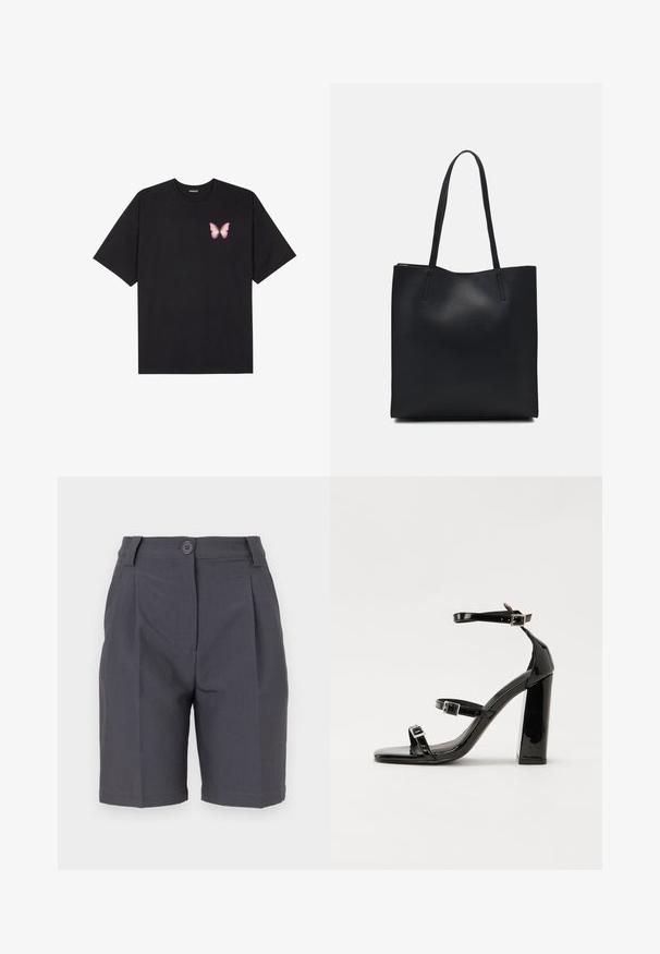 T-shirt en coton noir à manches courtes, avec un petit graphique de papillon rose sur la poitrine gauche. Modèle à col rond avec une coupe décontractée.; Shorts taillés gris avec des plis, fermeture à bouton et poches latérales. Fabriqués en tissu lisse et léger avec une coupe structurée.; Sandales à talons vernies noires avec un bout carré, des sangles autour de la cheville et des boucles en argent. Dotées d'un talon bloc épais pour plus de stabilité.; Sac fourre-tout en cuir noir avec une texture lisse, de forme rectangulaire et deux longues poignées. Pas de matériel ou d'ornementations visibles.