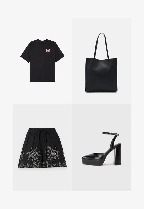 Melna kokvilnas T-krekls ar īsām piedurknēm, kuram priekšā kreisajā pusē ir neliels rozā tauriņa grafiskais attēls. Ar apaļu kaklu un brīvā stila piegriezumu.; Melnas šortus ar elastīgu jostasvietu un auklu. Ar baltu palmu koka izšuvumu un vijīgiem motīviem pa apakšmalu. Mīksta auduma tekstūra.; Melnas platformas papēžs ar norādītu purngala formu un regulējamu potītes siksniņu. Izgatavotas no gludas ādas, ar masīvu bloku papēdi.; Melnas ādas somiņa ar gludu tekstūru, taisnstūra formu un divām garām rokturiem. Nav redzamu aparatūras vai rotājumu.