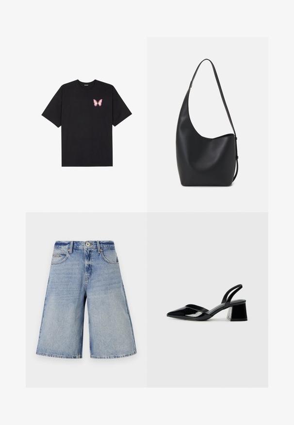 Juodas medvilnės marškinėliai trumpomis rankovėmis, su maža rožine drugelio grafika kairėje krūtinės pusėje. Apvalus kaklo iškirpimas, laisvas kirpimas.; Šviesiai mėlyni džinsiniai kulotai su nusidėvėjusia apdaila, pasižymintys aukštu liemeniu, priekinėmis kišenėmis ir plačiu, tiesiu kojų kirpimu.; Juodos lakuotos odinės šlepetės su smailiu pirštu ir geometriniu bloko kulnu. Turi elegantišką, minimalistinį dizainą ir lygų paviršių.; Juodas odinis hobo maišas su lygiu paviršiumi, kreipta forma ir viena reguliuojama rankena; turi platų atidarymą viršuje.