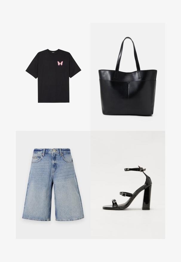 T-shirt de algodão preto com mangas curtas, apresentando um pequeno gráfico de borboleta rosa no lado esquerdo do peito. Design de gola redonda com um corte solto.; Culottes de denim em azul claro com um acabamento desbotado, apresentando uma cintura alta, bolsos frontais e um corte largo e reto.; Sandálias pretas de verniz com salto alto, duas fivelas, biqueira quadrada e salto largo, apresentando uma textura lisa e brilhante.; Bolsa tote preta em couro com duas alças longas, textura suave e forma estruturada. Apresenta um bolso frontal para armazenamento adicional.