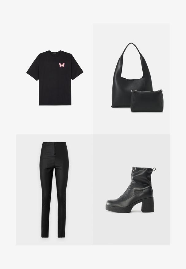 Must muströöpidega must puuvillane T-särk, vasakul rinnal on väike roosa liblikas. Ümar kaelus ja vabalt istuv lõige.; Mustad mustad püksid siledast materjalist, millel on eesneev tõmblukk ja kõrge talje disain minimaalsete detailidega.; Mustad mustad ansapüksid, mis on valmistatud siledast nahast, külje zipperiga, paksu tekstuuriga kontsaga ja ümmarguse nina disainiga.; Even&Odd Käekott - black