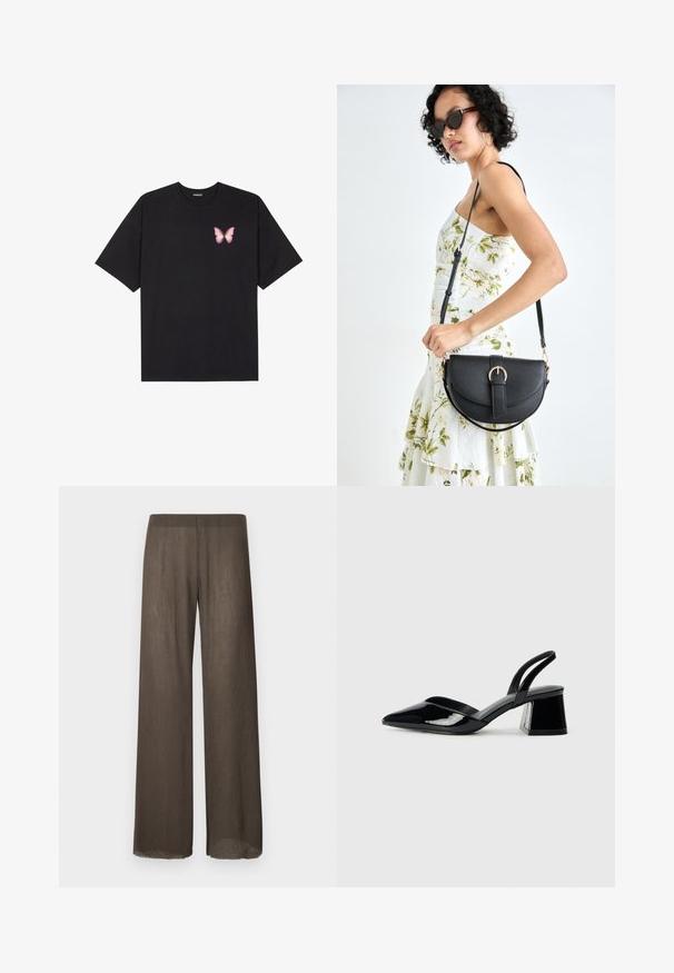 T-shirt de algodão preto com mangas curtas, apresentando um pequeno gráfico de borboleta rosa no lado esquerdo do peito. Design de gola redonda com um corte solto.; Calças de perna larga em marrom escuro, em um tecido leve e texturizado com um caimento suave. Apresenta um design minimalista e detalhes de bainha crua.; Sandy em verniz preto com salto slingback, ponta afilada e salto geométrico. Apresenta um design elegante e minimalista com textura suave.; Bolsa de couro preta com forma curva, alça destacável e detalhes em dourado. A bolsa possui uma aba com detalhe de fivela.