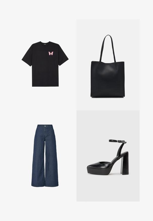 Melna kokvilnas T-krekls ar īsām piedurknēm, kuram priekšā kreisajā pusē ir neliels rozā tauriņa grafiskais attēls. Ar apaļu kaklu un brīvā stila piegriezumu.; Tumši zili, plaša griezuma džinsu bikses ar vertikālām baltām svītrām, ar pieguļošu augsto jostasvietu un klasisku pogu aizdari. Mīksta tekstūra.; Melnas platformas papēžs ar norādītu purngala formu un regulējamu potītes siksniņu. Izgatavotas no gludas ādas, ar masīvu bloku papēdi.; Melnas ādas somiņa ar gludu tekstūru, taisnstūra formu un divām garām rokturiem. Nav redzamu aparatūras vai rotājumu.