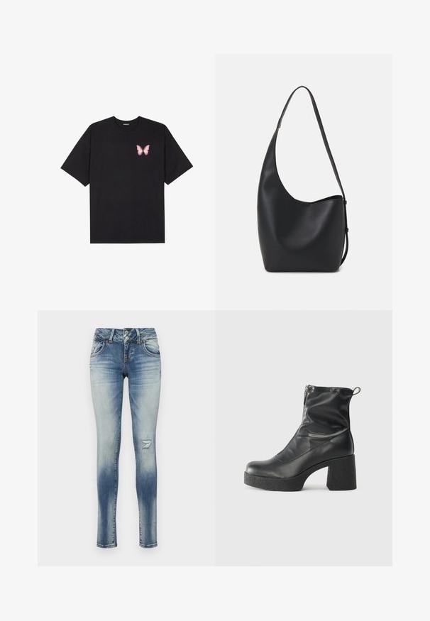 Fekete pamut póló rövid ujjakkal, bal mellkason egy kis rózsaszín pillangó grafikával. Kerek nyakú kialakítás, laza fazonnal.; Kék farmer skinny farmerek, elhalványított mosással, kopott térdrésszel, öt zsebbel és gombos zipzárral, két gombbal egy egyenes derékkal.; Fekete bokacsizmák sima bőrből, oldalsó cipzárral, vastag, texturált sarkú és lekerekített orrú dizájnnal.; Fekete bőr hobo táska sima textúrával, ívelt formával és egyetlen állítható pánttal; széles nyílás található a tetején.
