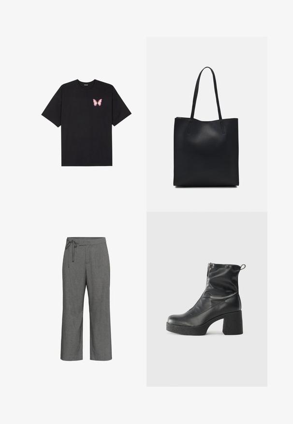 T-shirt en coton noir à manches courtes, avec un petit graphique de papillon rose sur la poitrine gauche. Modèle à col rond avec une coupe décontractée.; Pantalon large gris avec un motif de fines rayures, taille haute et détail de ceinture à lien noué à la taille.; Bottes noires à la cheville en cuir lisse, dotées d'une fermeture éclair sur le côté, d'un talon épais texturé et d'une conception à bout rond.; Sac fourre-tout en cuir noir avec une texture lisse, de forme rectangulaire et deux longues poignées. Pas de matériel ou d'ornementations visibles.
