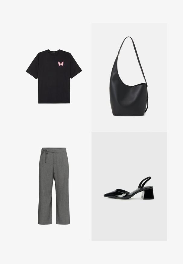 Black cotton t-shirt with short sleeves, featuring a small pink butterfly graphic on the left chest. Crew neck design with a relaxed fit.; Gray wide-leg pants with subtle pinstripe pattern, high waist, and tied drawstring belt detail at the waistband.; Black patent leather slingback heels with a pointed toe and a geometric block heel. Features a sleek, minimal design and smooth texture.; Black leather hobo bag with a smooth texture, curved shape, and single adjustable strap; features a wide opening at the top.