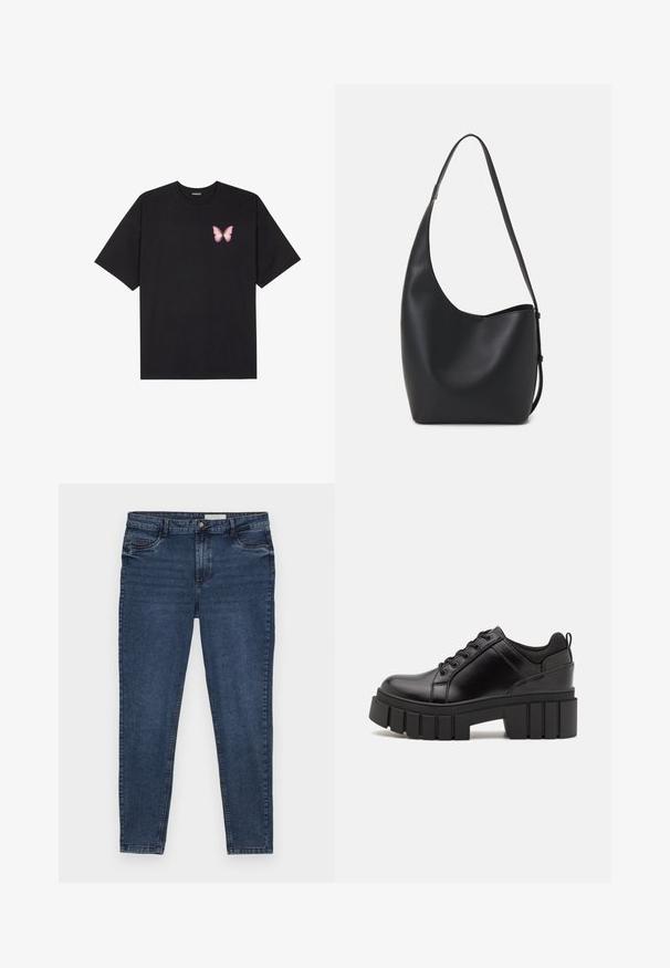 T-shirt de algodão preto com mangas curtas, apresentando um pequeno gráfico de borboleta rosa no lado esquerdo do peito. Design de gola redonda com um corte solto.; Jeans de denim azul escuro com um corte justo, design de cinco bolsos e costura dourada. Possui fecho com zip e botão. Textura suave.; Sapatos de plataforma em couro preto com um salto bloco robusto, bico redondo e design clássico de atacadores. Apresentam uma textura suave e detalhes mínimos.; Saco hobo preto em pele com uma textura lisa, forma curva e uma única alça ajustável; apresenta uma abertura larga na parte de cima.