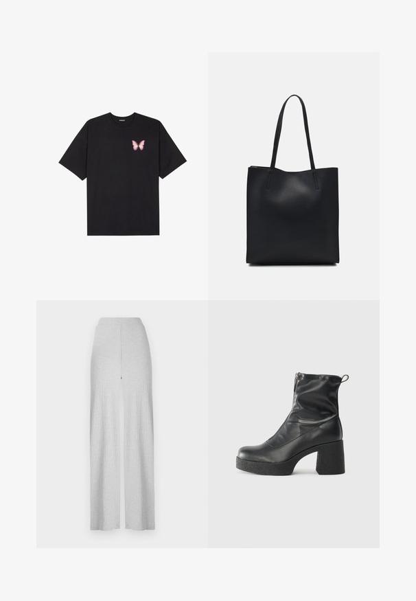 Fekete pamut póló rövid ujjakkal, bal mellkason egy kis rózsaszín pillangó grafikával. Kerek nyakú kialakítás, laza fazonnal.; Világosszürke bordás, bő szárú nadrág magas derékkal és elülső hasítékkal. Puha anyagból készült, sima felülettel.; Fekete bokacsizmák sima bőrből, oldalsó cipzárral, vastag, texturált sarkú és lekerekített orrú dizájnnal.; Fekete bőrtáska sima felszínnel, téglalap alakú, két hosszú füllel. Nincs látható fémkiegészítő vagy díszítés.