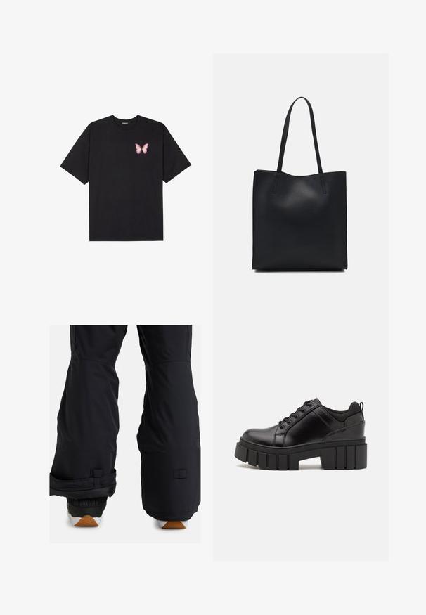 Černé bavlněné tričko s krátkým rukávem, na levém prsou s malou grafikou růžové motýlky. Design s kruhovým výstřihem a volným střihem.; Černé sněhové kalhoty s polstrovanou spodní částí, nastavitelnými manžetami a elegantním matným povrchem; vhodné pro zimní sporty.; Černé kožené platformové boty s masivním blokovým podpatkem, kulatou špičkou a tradičním šněrováním. Mají hladký povrch a minimální detaily.; Černá kožená taška přes rameno s hladkým povrchem, obdélníkovým tvarem a dvěma dlouhými uchy. Žádné viditelné kování ani ozdoby.