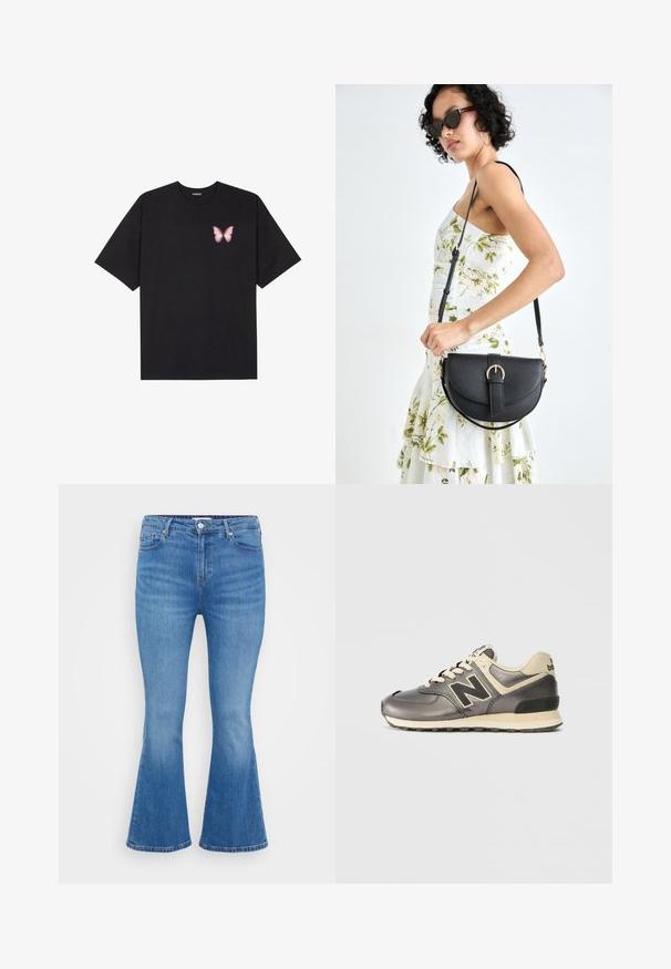 Tricou negru din bumbac cu mâneci scurte, având pe partea stângă a pieptului un mic grafic cu un fluture roz. Design cu guler rotund și croială lejeră.; Jeans flared din denim de un albastru deschis, cu talie înaltă, cinci buzunare și închidere clasică cu nasture. Textură netedă cu o ușoară decolorare.; Sneakers New Balance griși și bej, cu logo-ul „N” negru, închidere cu șireturi și talpă texturată pe un fundal alb.; Geantă din piele neagră, cu o formă curbată, curea detașabilă și accesorii aurii. Geanta are un capac cu un detaliu tip cataramă.