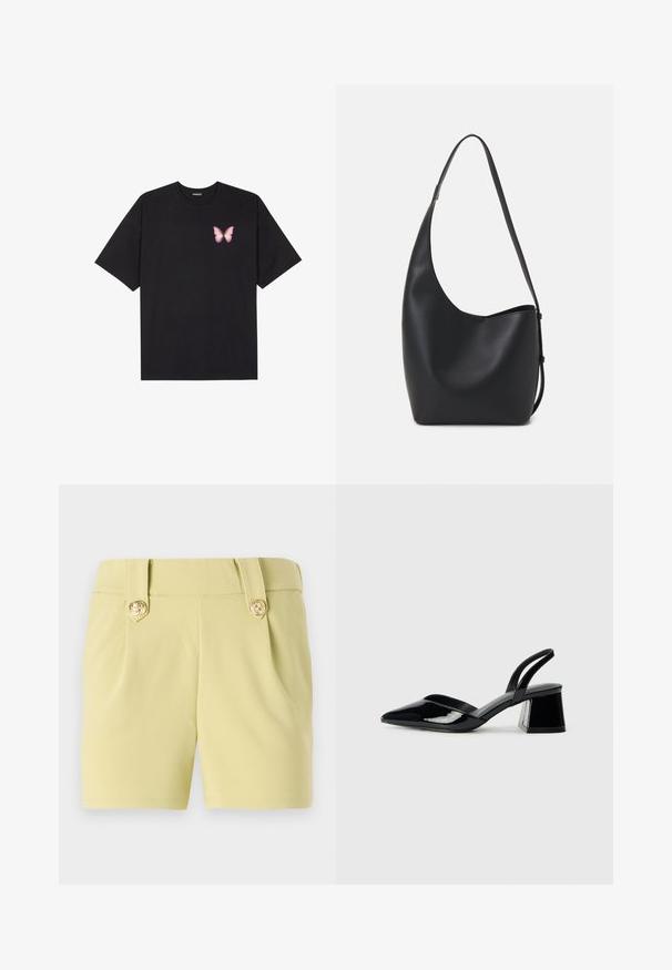 Black cotton t-shirt with short sleeves, featuring a small pink butterfly graphic on the left chest. Crew neck design with a relaxed fit.; Light yellow shorts with a smooth fabric, featuring two front pleats and gold decorative buttons on the waistband. Tailored design.; Black patent leather slingback heels with a pointed toe and a geometric block heel. Features a sleek, minimal design and smooth texture.; Black leather hobo bag with a smooth texture, curved shape, and single adjustable strap; features a wide opening at the top.