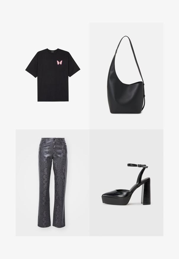 Svart bomulls T-skjorte med korte ermer, med en liten rosa sommerfugl grafikk på venstre bryst. Crew-neck design med en avslappet passform.; Faux skinnbukser i mørkegrå med et slangeprintmønster. Har en frontlukking med knapp, rette ben og klassisk fem-lomme-design.; Sorte plattformhelter med spiss tå og justerbar ankelrem. Laget av glatt lær, med en robust blokkhel.; Svart lær hobo-veske med glatt tekstur, buet form og enkelt justerbart stropp; har en bred åpning på toppen.