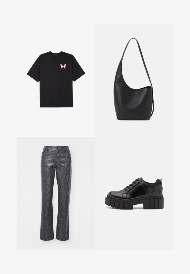 Black cotton t-shirt with short sleeves, featuring a small pink butterfly graphic on the left chest. Crew neck design with a relaxed fit.; Faux leather pants in dark gray with a snake print pattern. Features a front button closure, straight legs, and classic five-pocket design.; Black leather platform shoes with a chunky block heel, round toe, and traditional lace-up design. Features smooth texture and minimal detailing.; Black leather hobo bag with a smooth texture, curved shape, and single adjustable strap; features a wide opening at the top.