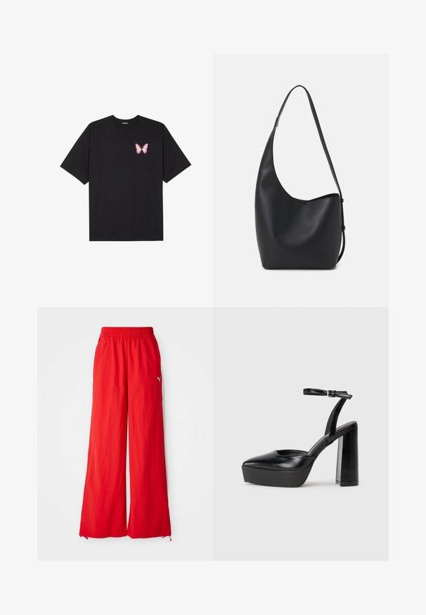 Must muströöpidega must puuvillane T-särk, vasakul rinnal on väike roosa liblikas. Ümar kaelus ja vabalt istuv lõige.; Punased laiad püksid, mis on valmistatud kergetest materjalidest, elastse vöökoha, küljetaskute ja külgedel diskreetse logoga.; Mustad platvormi kontsad terava ninaga ja reguleeritava pahkluuraamiga. Valmistatud siledast nahast, funktsioneerib massiivse plokknäheeliga.; Mustast nahast hobo kott, millel on sile tekstuur, kumer kuju ja üks reguleeritav rihm; peal on lai avaus.