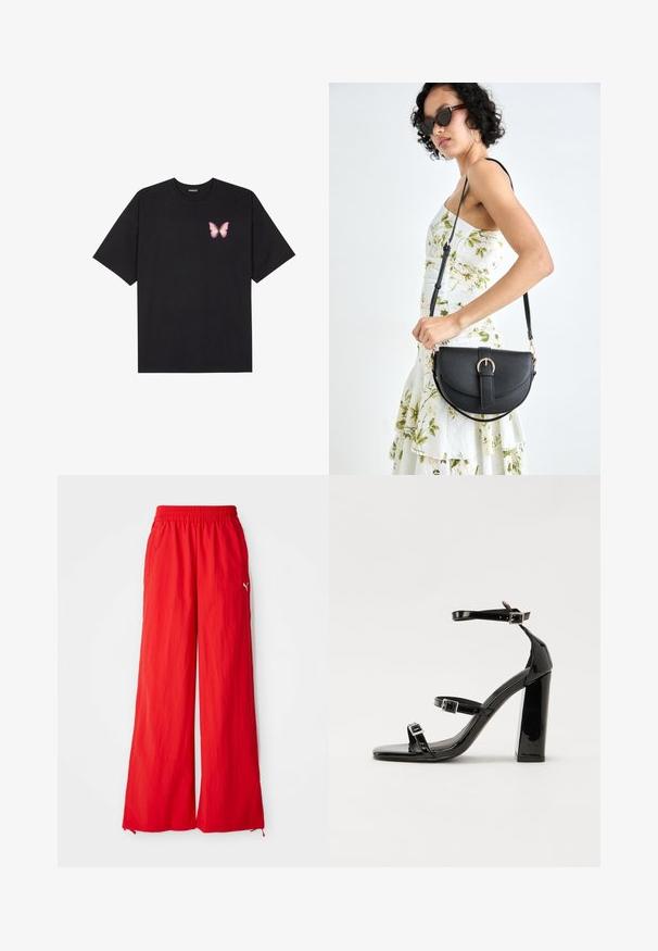 Black cotton t-shirt with short sleeves, featuring a small pink butterfly graphic on the left chest. Crew neck design with a relaxed fit.; Red wide-leg pants made from lightweight material, featuring an elastic waistband, side pockets, and a subtle logo detail on the side.; Black patent high-heeled sandals with two buckle straps, square toe, and a chunky block heel, featuring a smooth, glossy texture.; Black leather handbag with a curved shape, detachable strap, and gold hardware. The bag features a flap with a buckle detail.