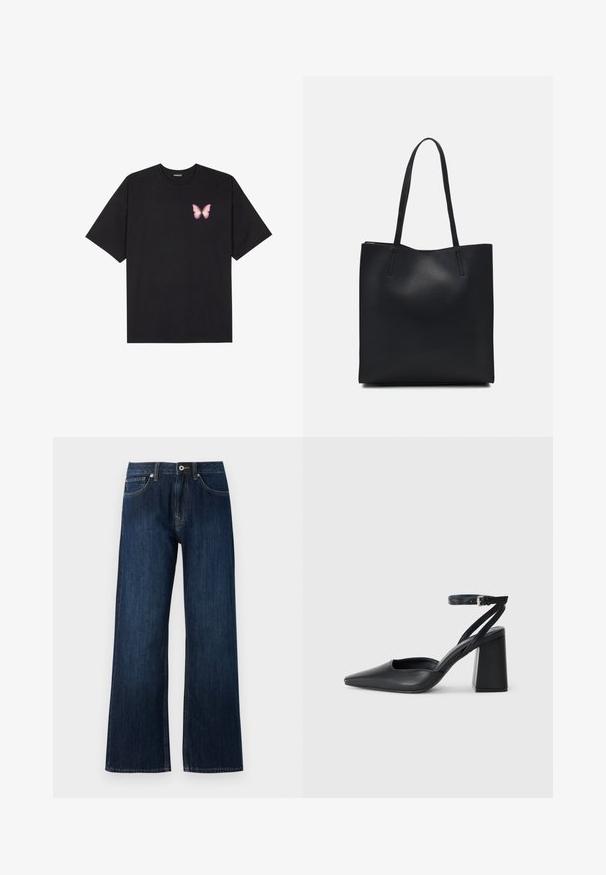 T-shirt de algodão preto com mangas curtas, apresentando um pequeno gráfico de borboleta rosa no lado esquerdo do peito. Design de gola redonda com um corte solto.; Calças de ganga largas de cor azul-escuro, com fecho de zíper, botão de fecho e dois bolsos frontais com costura contrastante.; Sandal com biqueira afilada em couro preto, com cinta no tornozelo e salto grosso. Textura lisa, design elegante e estética minimalista.; Bolsa tote preta em couro com textura lisa, forma retangular e duas alças longas. Sem hardware ou enfeites visíveis.