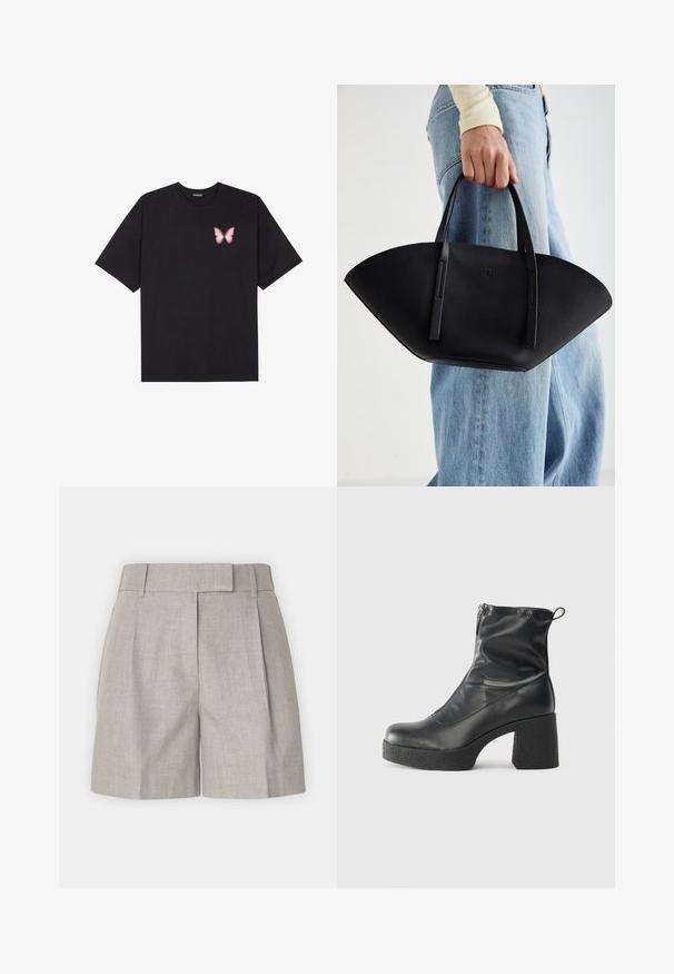 T-shirt nera in cotone con maniche corte, caratterizzata da una piccola grafica di una farfalla rosa sul lato sinistro del petto. Design a girocollo con una vestibilità rilassata.; Pantaloni corti grigio chiaro con una vita strutturata, pieghe e una vestibilità rilassata, realizzati in una morbida tessitura di lino. Design semplice e versatile.; Stivali neri alla caviglia in pelle liscia, con zip laterale, tacco spesso e texture, e punta arrotondata.; Borsa a tracolla in pelle nera con una forma a ventaglio unica, dotata di manici piatti. La superficie presenta una texture a ciottoli e un design minimalista.