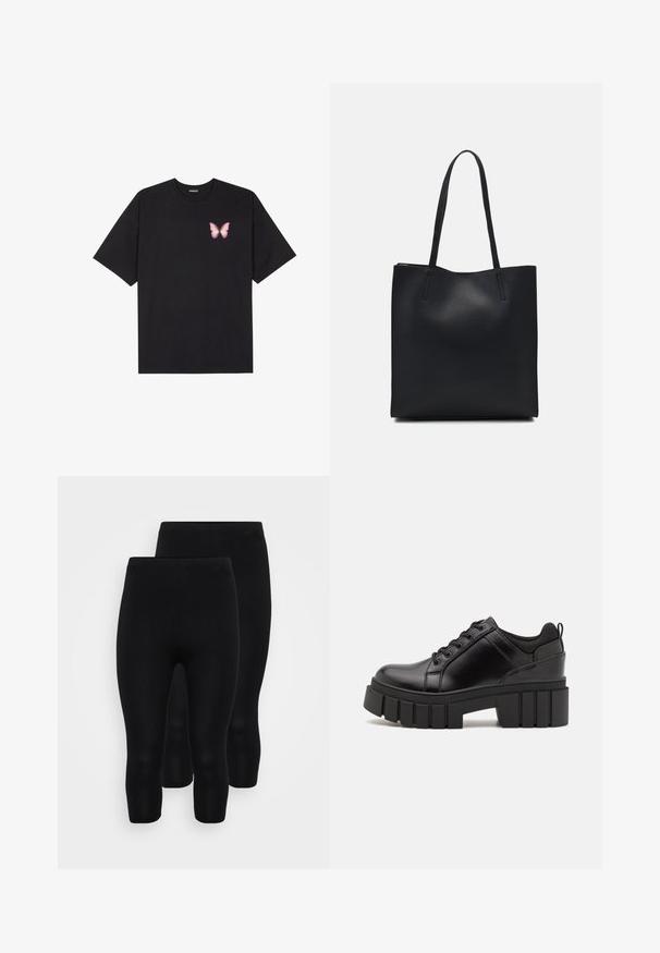 Crna pamučna majica s kratkim rukavima, s malim grafičkim prikazom ružičaste vjetricaste s desne strane na prsima. Dizajn s okruglim izrezom i opuštenim krojem.; Crne tajice od rastezljive tkanine bez šavova, srednje dužine do listova, glatke teksture i s elastičnim pojasom za udobnost.; Crne kožne platforme s debelim blok-peta, okruglim prstima i klasičnim dizajnom vezanja. Imaju gladak tekstur i minimalne detalje.; Crna kožna torba za nošenje s glatkom teksturom, pravokutnim oblikom i dvije duge ručke. Nema vidljivih metalnih dijelova ili ukrasa.
