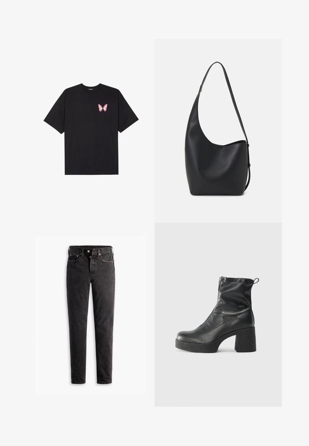 T-shirt de algodão preto com mangas curtas, apresentando um pequeno gráfico de borboleta rosa no lado esquerdo do peito. Design de gola redonda com um corte solto.; Jeans de ganga preta com corte reto, apresentando cinco bolsos, acessórios de cobre e uma textura ligeiramente desbotada.; Botas de tornozelo pretas feitas de couro liso, com fecho lateral, salto grosso texturizado e design de bico arredondado.; Saco hobo preto em pele com uma textura lisa, forma curva e uma única alça ajustável; apresenta uma abertura larga na parte de cima.