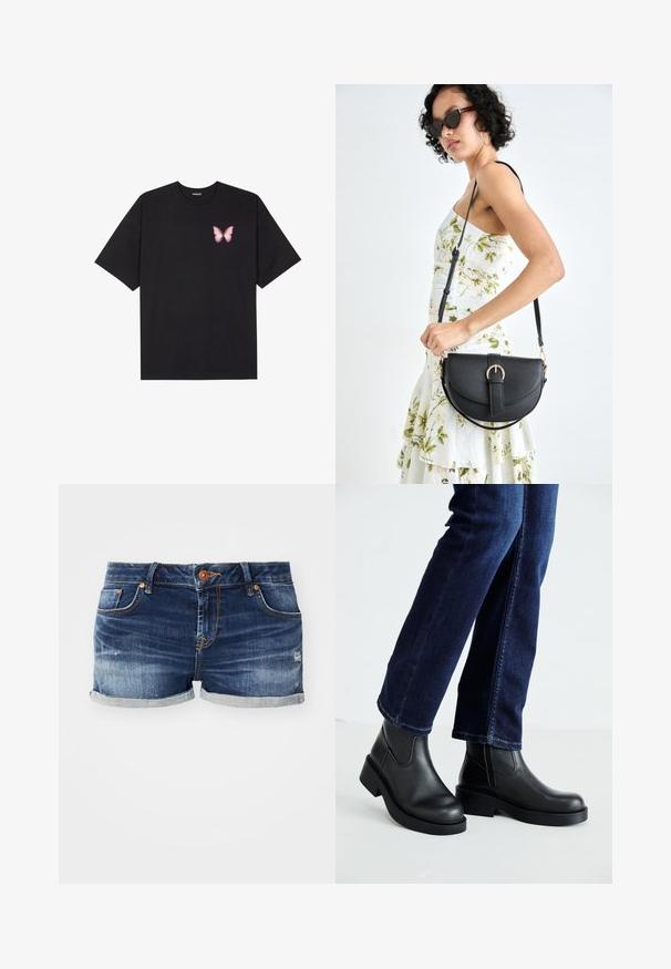 Fekete pamut póló rövid ujjakkal, bal mellkason egy kis rózsaszín pillangó grafikával. Kerek nyakú kialakítás, laza fazonnal.; Sötétkék mosású farmer rövidnadrág, felhajtott szegéllyel, megviselt részletekkel, fémes kiegészítők, gomb és elülső zsebek.; Fekete bőr bokacsizma vastag talppal és oldalán elnyújtott elasztikus betétekkel, sötétkék farmerral párosítva. A talaj világos színű.; Fekete bőrtáska ívelt formával, levehető pánttal és arany színű fémrészekkel. A táskán egy csattal díszített fedél található.