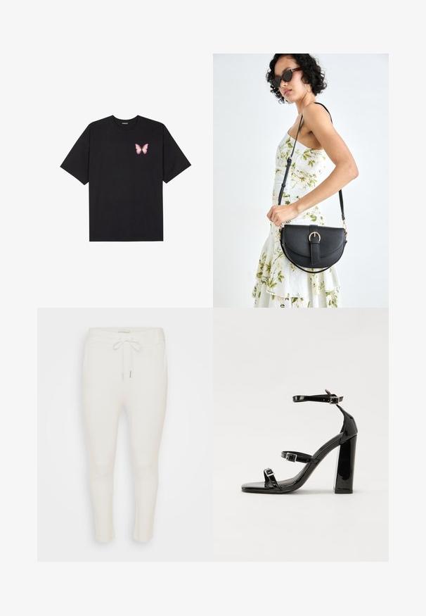 Črna bombažna majica s kratkimi rokavi, ki ima majhen roza metuljček na levi strani prsnega dela. Majica s krožnim ovratnikom in sproščenim krojem.; Beli trenirke z elastičnim pasom in nastavljivo vrvico. Narejene so iz mehkega materiala z gladko teksturo in zoženim krojem nog.; Črne lakirane sandale s peto, kvadratnim prstom, trakovi okrog gležnja in srebrnimi zaponkami. Opremljene so s stabilno Debelo peto.; Črna usnjena torbica s ukrivljeno obliko, z odstranljivo naramnico in zlatimi dodatki. Torbica ima pokrov s podrobnostmi v obliki zaponke.