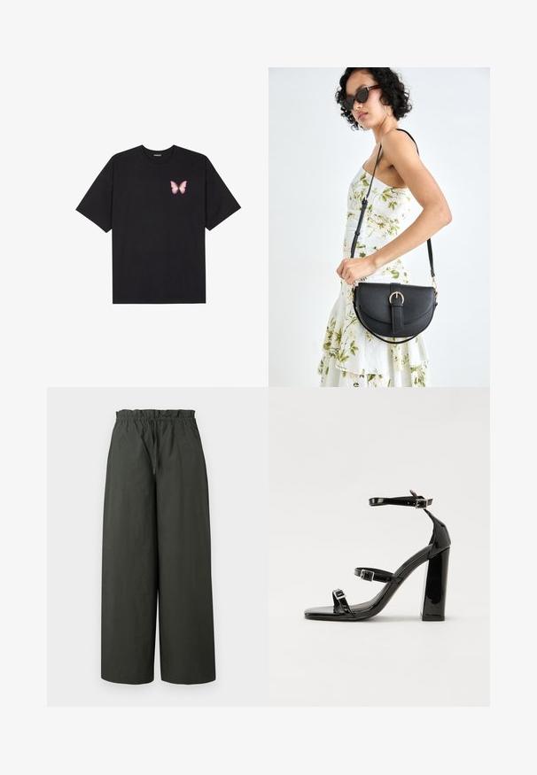Czarny bawełniany t-shirt z krótkim rękawem, z małym różowym motylkiem na lewej piersi. Klasyczny dekolt z luźnym fasonem.; Szerokie spodnie w ciemnozielonym materiale, z elastycznym pasem i gładką fakturą, bez widocznych elementów metalowych czy wzorów.; Czarne lakierowane sandały na wysokim obcasie, z dwoma paskami zapinanymi na klamry, kwadratowy nosek i masywny obcas typu słupek, o gładkiej, błyszczącej fakturze.; Czarna skórzana torebka o zakrzywionym kształcie, z odpinanym paskiem i złotymi akcentami. Torebka posiada klapę z zapięciem w kształcie klamry.