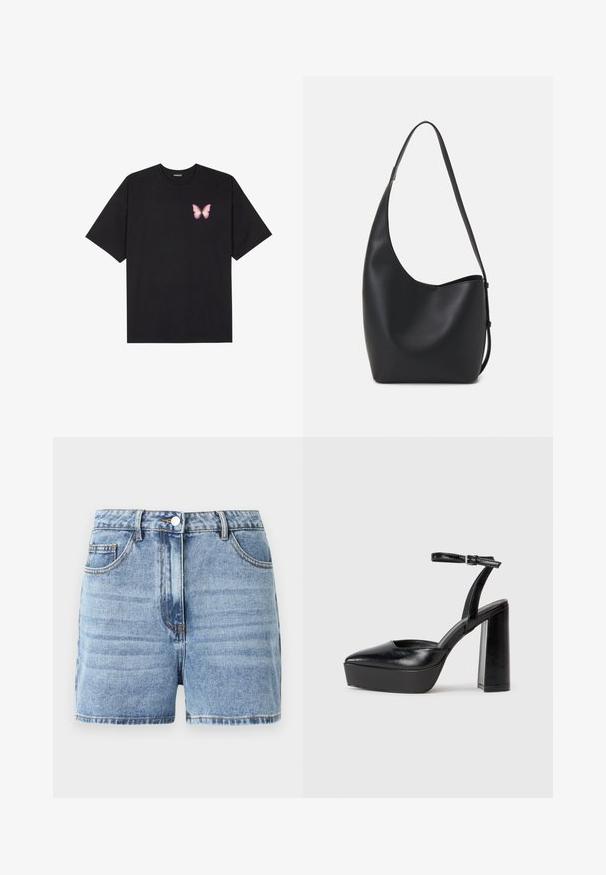 Juodas medvilnės marškinėliai trumpomis rankovėmis, su maža rožine drugelio grafika kairėje krūtinės pusėje. Apvalus kaklo iškirpimas, laisvas kirpimas.; Šviesiai mėlyni džinsiniai šortai su aukštu juosmeniu, priekine mygtukų uždarymo sistema ir viena priekinė kišenė. Yra siūti siūlai ir klasikinis pjūvis.; Juodi platforminiai aukšti kulniukai su smailiu kojų pirštu ir reguliuojamu kulkšnies dirželiu. Pagaminti iš lygaus odos, turi masyvų blokinį kulną.; Juodas odinis hobo maišas su lygiu paviršiumi, kreipta forma ir viena reguliuojama rankena; turi platų atidarymą viršuje.