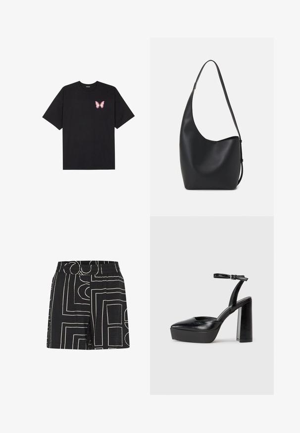 Crna pamučna majica s kratkim rukavima, s malim grafičkim prikazom ružičaste vjetricaste s desne strane na prsima. Dizajn s okruglim izrezom i opuštenim krojem.; Crne kratke hlače s naboranom teksturom, ukrašene geometrijskim krem uzorkom. Elastična sredina za udobnost i opušteni kroj.; Crne platforme s potpeticom s oštrim vrhom i podešivom naramenicom. Izrađene od glatke kože, s masivnom blok petom.; Crna kožna hobo torba s glatkom teksturom, zakrivljenim oblikom i jednom podesivom trakicom; ima širok otvor na vrhu.