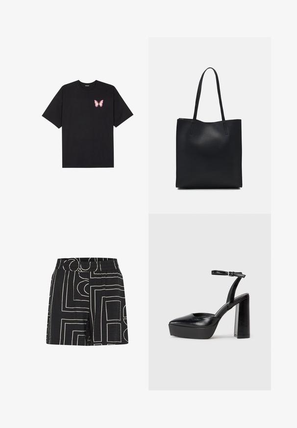 Čierne bavlnené tričko s krátkymi rukávmi, s malým ružovým motýlikom na ľavej hrudi. Design s okrúhlym výstrihom a uvoľneným strihom.; Čierne šortky s chudobnou textúrou, zdobené geometrickým krémovým vzorom. Elastický pás pre pohodlie a voľný strih.; Čierne platformové podpätky so špicatou špičkou a nastaviteľným členkovým remienkom. Vyrobené z hladkej kože a so robustným blokovým podpätkom.; Čierna kožená taška na rameno s hladkým povrchom, obdĺžnikovým tvarom a dvoma dlhými uchami. Bez viditeľného kovania alebo ozdôb.
