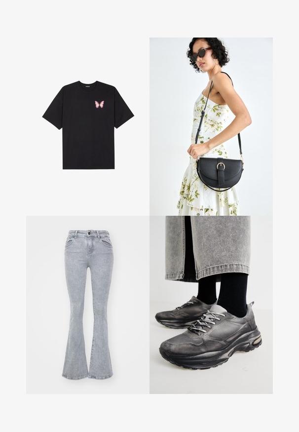 T-shirt de algodão preto com mangas curtas, apresentando um pequeno gráfico de borboleta rosa no lado esquerdo do peito. Design de gola redonda com um corte solto.; Calças de ganga cinzentas alargadas, com uma textura suave, apresentando uma cintura alta, cinco bolsos e fecho com botão.; Sapatilhas atléticas pretas e cinzentas apresentam um upper em malha, solas espessas e atacadores. Têm um bico arredondado e detalhes de amortecimento visíveis.; Bolsa de couro preta com forma curva, alça destacável e detalhes em dourado. A bolsa possui uma aba com detalhe de fivela.