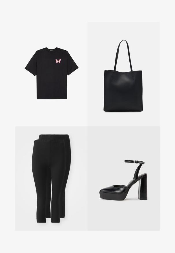 Fekete pamut póló rövid ujjakkal, bal mellkason egy kis rózsaszín pillangó grafikával. Kerek nyakú kialakítás, laza fazonnal.; Fekete leggings rugalmas derékpánttal, sima textúrával, középmagas vádli hosszal és látható minták vagy díszítések nélkül.; Fekete platform magassarkú cipők hegyes orral és állítható bokapánttal. Sima bőrből készült, vastag talppal.; Fekete bőrtáska sima felszínnel, téglalap alakú, két hosszú füllel. Nincs látható fémkiegészítő vagy díszítés.