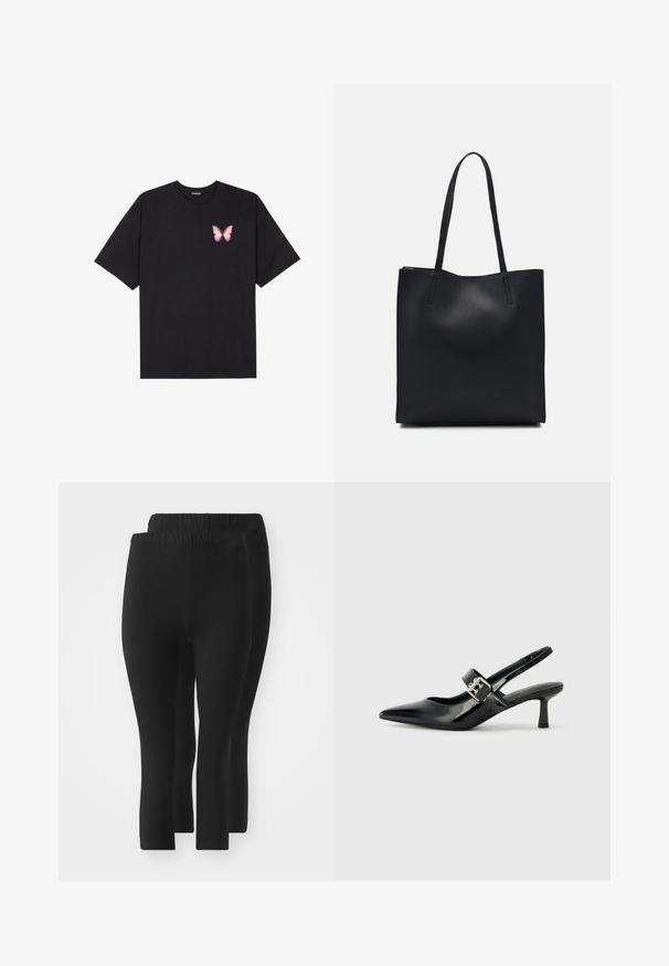 Czarny bawełniany t-shirt z krótkim rękawem, z małym różowym motylkiem na lewej piersi. Klasyczny dekolt z luźnym fasonem.; Czarne legginsy z elastycznym pasem, o gładkiej fakturze, długości do połowy łydki, bez widocznych wzorów czy ozdób.; Czarne lakierowane szpilki slingback z wąskim noskiem i małym słupkiem, z ozdobnym srebrnym klamrą na pasku.; Czarna skórzana torba tote o gładkiej fakturze, prostokątnym kształcie i dwóch długich uchwytach. Brak widocznych elementów metalowych i ozdób.