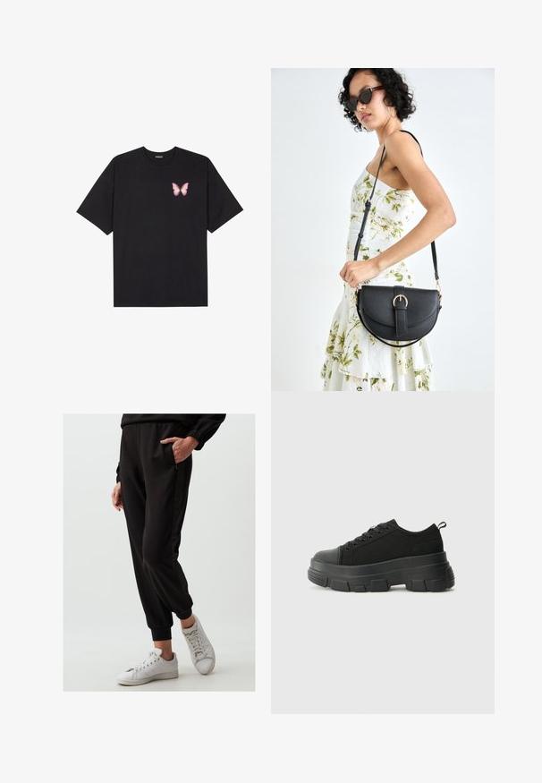 Zwarte katoenen t-shirt met korte mouwen, voorzien van een kleine roze vlinder graphic op de linkerkant van de borst. Crew neck ontwerp met een relaxte fit.; Zwarte joggingbroek van zacht materiaal met elastische boorden en zijzakken, gecombineerd met witte sneakers. Soepele textuur, eenvoudig ontwerp.; Zwarte sneakers met een stevige rubberen zool, textiel bovenwerk, ronde neus en vetersluiting. Beschikt over versterkte oogjes en een trekstrip aan de achterkant.; Zwarte leren handtas met een gebogen vorm, afneembare schouderband en gouden hardware. De tas heeft een klep met een gespsluiting.