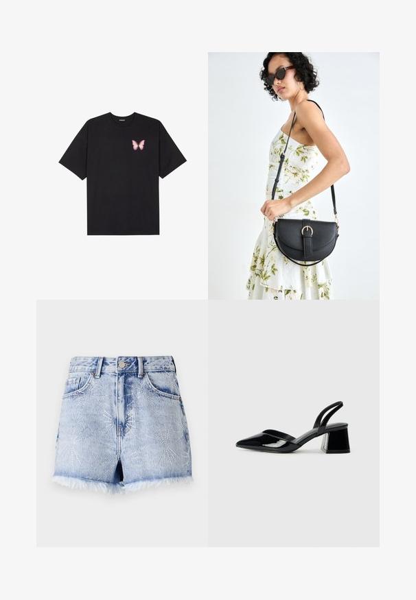 Fekete pamut póló rövid ujjakkal, bal mellkason egy kis rózsaszín pillangó grafikával. Kerek nyakú kialakítás, laza fazonnal.; Világos kék farmer rövidnadrág, rojtos szegéllyel. Ezüst szegecs díszítések jellemzik, csillagrobbanás mintázatban, valamint hagyományos ötpocket dizájn.; Fekete lakk bőr szandálkés magas sarkú cipő, hegyes orral és geometrikus tömbsarkakkal. Karcsú, minimalista dizájn és sima textúra jellemzi.; Fekete bőrtáska ívelt formával, levehető pánttal és arany színű fémrészekkel. A táskán egy csattal díszített fedél található.